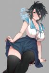  1girl 2021 agawa_ryou black_hair black_legwear blue_eyes blush breasts cleavage commentary dated english_commentary grey_background large_breasts leg_lift looking_at_viewer original short_hair simple_background skirt solo sweatdrop thighhighs thighs wavy_mouth 