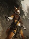  2016 anthro biped black_nose breechcloth canid canine canis claws clothed clothing detailed_background ethiopian_wolf fist fur hi_res holding_object holding_weapon holster knife low-angle_view male mammal nipples nomax orange_body orange_fur paws solo topless weapon white_body white_fur 