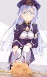  1girl 86_-eightysix- absurdres bangs blue_eyes breasts commentary_request food hat highres long_hair long_sleeves military military_hat military_uniform pizza_(artist) sidelocks small_breasts solo squatting thighhighs uniform vladilena_millize white_hair white_legwear 