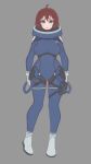  1girl blue_eyes bodysuit breasts brown_hair brups_tv covered_navel cowlick full_body gloves grey_background grey_footwear highres large_breasts looking_at_viewer no_lineart original short_hair sketch solo space_girl_(brups_tv) spacesuit white_gloves 