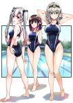  3girls absurdres adjusting_clothes adjusting_swimsuit arm_behind_head armpits ass azki_(hololive) back_cutout back_tattoo bangs barefoot black_ribbon blush braid breasts brown_hair closed_mouth clothing_cutout colored_inner_hair competition_swimsuit covered_navel day eyebrows_visible_through_hair facial_mark fang french_braid green_eyes grey_hair hair_between_eyes hair_ribbon highleg highleg_swimsuit highres hololive kneepits large_breasts long_hair looking_at_viewer looking_back medium_breasts multicolored_hair multiple_girls nakiri_ayame one-piece_swimsuit open_mouth outdoors pink_hair pool pukara purple_eyes red_eyes ribbon shirogane_noel short_hair silver_hair smile standing streaked_hair swimsuit tattoo tiara virtual_youtuber 