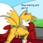  1:1 aircraft airplane anus blue_eyes butt canid canine fox fur genitals humanoid looking_at_viewer male male/male mammal miles_prower penis pinup pose solo sonic_the_hedgehog_(series) yellow_body yellow_fur 