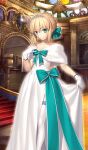  1girl ahoge artoria_pendragon_(all) bare_shoulders blonde_hair bow braid breasts choker cleavage closed_mouth collarbone cowboy_shot craft_essence dress dress_lift fate/grand_order fate_(series) french_braid gloves green_bow green_eyes hair_bow heroic_spirit_formal_dress indoors lifted_by_self looking_at_viewer official_art saber short_hair side_slit smile solo stairs standing takeuchi_takashi thighhighs tiara waist_bow white_dress white_gloves white_legwear white_neckwear 