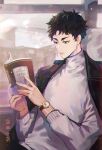  1boy akaashi_keiji bag bangs black_hair book clothes_on_shoulders dated green_eyes haikyuu!! highres holding holding_bag looking_away male_focus reading ri_mumu short_hair solo turtleneck watch wristwatch 