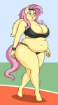  anthro bodily_fluids breasts equid equine female fluttershy_(mlp) friendship_is_magic hasbro hi_res lordstormcaller mammal my_little_pony overweight overweight_anthro overweight_female pegasus solo sweat wings 