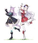  2girls animal_ears boots closed_eyes dress gloves gold_ship_(umamusume) hat high_heel_boots high_heels highres horse_ears horse_tail kurodeko leg_up long_hair mejiro_mcqueen_(umamusume) multiple_girls pleated_skirt purple_hair silver_hair skirt tail tongue tongue_out umamusume white_background white_gloves 