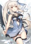  1girl alternate_costume arm_behind_head arm_up ayanami_(azur_lane) azur_lane bandaged_arm bandaged_leg bandages bangs blue_dress bow_choker breasts choker cleavage commentary_request cosplay dress dual_wielding eyebrows_visible_through_hair eyes_visible_through_hair flower flower_on_head hair_ornament hairclip headgear holding holding_sword holding_weapon kaine_(nier) kaine_(nier)_(cosplay) long_hair looking_at_viewer medium_breasts mismatched_legwear navel nier nier_(series) orange_eyes panties pantyshot parted_lips ponytail retrofit_(azur_lane) ribbon_choker sidelocks silver_hair solo sugisaki_yuu sword underwear weapon white_panties wind 