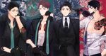  4boys akaashi_keiji bandages bangs biting black_gloves black_hair black_shirt brown_eyes brown_hair crossed_arms floral_background glove_pull gloves gun haikyuu!! hand_on_own_knee handgun head_rest holding iwaizumi_hajime looking_at_viewer male_focus mask mask_pull mouth_mask multiple_boys necktie oikawa_tooru_(haikyuu!!) open_clothes open_shirt pistol profile ri_mumu sakusa_kiyoomi shirt short_hair standing suicide tattoo unbuttoned unbuttoned_shirt weapon white_shirt 