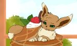  &lt;3 absurd_res black_sclera brown_nose bush_(disambiguation) crossed_legs dairy_products dark_inner_ear eevee feral food fruit green_eyes hi_res in_food looking_at_viewer lying male markings mint_leaf_(food) nintendo nirsiera on_food on_side painted_background pancake paws plant pok&eacute;mon pok&eacute;mon_(species) raised_head smile solo strawberry syrup tan_body video_games whipped_cream white_markings white_paws_(anatomy) window 