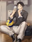  1boy bag ball bangs brown_eyes cellphone haikyuu!! head_rest highres holding holding_phone indoors male_focus pants phone ri_mumu selfie shirt shoes short_hair sitting smartphone sneakers solo suna_rintarou white_shirt 