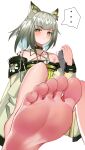  ... 1girl absurdres animal_ear_fluff arknights bare_shoulders barefoot collar collarbone dress feet foot_focus foreshortening green_dress green_eyes he_c92 highres kal&#039;tsit_(arknights) labcoat lynx_ears short_hair silver_hair soles solo stethoscope thought_bubble toes white_background 