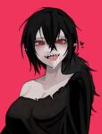  1girl absurdres black_hair black_shirt breasts collarbone drooling elf hair_between_eyes heart highres korean_commentary large_breasts looking_at_viewer open_mouth original pink_background pinkboy pointy_ears ponytail red_eyes sharp_teeth shirt single_bare_shoulder smile solo teeth tongue tongue_out torn_clothes torn_shirt 