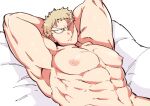  1boy abs armpits arms_behind_head bara blonde_hair boku_no_hero_academia completely_nude large_pectorals lying male_focus muscular muscular_(boku_no_hero_academia) muscular_male navel nipples nude on_back on_bed pectorals scar scar_across_eye short_hair sideburns solo stomach yazakc 