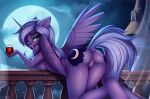  2021 alcohol anthro anus beverage breasts butt cutie_mark digital_media_(artwork) dock equid equine eyebrows eyelashes female fingers friendship_is_magic full_moon genitals hasbro hi_res horn looking_at_viewer mammal moon my_little_pony night nude pony-way princess_luna_(mlp) pussy redmn solo wine winged_unicorn wings 