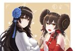  2girls bangs blush breasts brown_hair china_dress chinese_clothes closed_mouth double_bun dress eyebrows_visible_through_hair flower girls_frontline hair_flower hair_ornament hair_ribbon highres holding_hands jiafei2o3 long_hair looking_at_viewer medium_breasts mole mole_under_eye multiple_girls open_mouth qbz-95_(girls_frontline) qbz-97_(girls_frontline) red_dress red_ribbon ribbon simple_background small_breasts smile white_dress yellow_eyes 