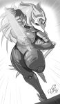  2021 absurd_res anthro avian beak big_breasts bird breasts curvy_figure dated feathers female greyscale hi_res horn huge_breasts mask melee_weapon monochrome motion_blur non-mammal_breasts parakeet parrot religious_symbol running shonuff shuza_(famwammer) signature solo superhero sword thick_thighs true_parrot weapon wide_hips 