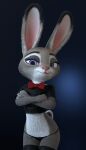  2021 3d_(artwork) 4:7 anthro blue_background bow_tie claws clothing crossed_arms digital_media_(artwork) disney eyebrows eyelashes female fingers fur grey_body grey_fur half-closed_eyes hi_res judy_hopps lagomorph legwear leporid long_ears looking_at_viewer mammal melo multicolored_body multicolored_ears multicolored_fur narrowed_eyes pink_nose purple_eyes rabbit short_tail simple_background smile solo tights topwear white_body white_fur zootopia 