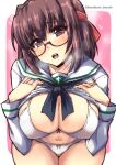  1girl :d bent_over blurry blush bra breasts brown_hair cleavage commentary_request depth_of_field girls_und_panzer glasses highres kondou_taeko large_breasts long_hair looking_at_viewer navel ooarai_school_uniform open_mouth panties pink_bra pink_panties purple_eyes red-framed_eyewear school_uniform semi-rimless_eyewear serafuku shinshin smile solo teeth twitter_username under-rim_eyewear underwear 