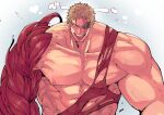  1boy abs bara blonde_hair boku_no_hero_academia collarbone large_pectorals looking_at_viewer male_focus muscular muscular_(boku_no_hero_academia) muscular_male nipples nude pectorals scar scar_across_eye short_hair sideburns solo stomach tongue tongue_out upper_body yazakc 