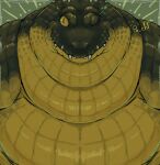  alligator alligatorid anthro belly big_belly crocodilian dewlap_(anatomy) double_chin green_body green_scales hi_res male morbidly_obese morbidly_obese_anthro morbidly_obese_male nude obese obese_anthro obese_male one_eye_closed overweight overweight_anthro overweight_male po_chf pupils reptile scales scalie slit_pupils smile solo teeth wink 