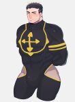  1boy bara black_bodysuit black_hair blush bodysuit bulge covered_abs cropped_legs facial_hair feet_out_of_frame halo highres hip_vent large_pectorals male_focus mature_male muscular muscular_male pectorals short_hair sideburns solo stubble thick_thighs thighs tokyo_houkago_summoners yangrou_(6493335) zabaniya_(tokyo_houkago_summoners) 