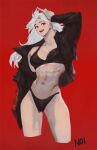  1girl abs artist_request bikini black_bikini black_jacket breasts dorohedoro earrings highres jacket jewelry large_breasts long_hair looking_at_viewer muscular muscular_female navel noi_(dorohedoro) open_mouth red_background red_eyes simple_background smile solo swimsuit white_hair 