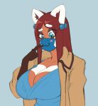  2021 4_fingers :3 ailurid anthro big_breasts blue_background blue_eyes breasts brown_body brown_fur cleavage clothed clothing coat colored_nails eyebrows face_mask female fingers fur hair heart_marking huge_breasts inner_ear_fluff mammal mask nails nuan_(skecchiart) open_clothing open_coat open_topwear raised_eyebrow red_hair red_panda shirt simple_background skecchiart solo t-shirt topwear tuft white_body white_fur white_nails 