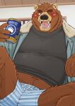  2021 alcohol anthro beer beverage blush brown_body brown_fur brown_nose can clothing fur hi_res humanoid_hands kemono male mammal one_eye_closed overweight overweight_anthro overweight_male ryuta-h shirt solo topwear underwear ursid wink 