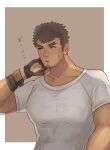  1boy absurdres arms_behind_head bara blush brown_hair covered_abs facial_hair goatee highres kengo_(tokyo_houkago_summoners) large_pectorals male_focus matcha_modoki_(mutou_444) muscular muscular_male pectorals shirt short_hair short_sleeves sideburns solo stubble tight tight_shirt tokyo_houkago_summoners upper_body white_shirt 