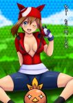  1girl :d ;d areolae bangs bike_shorts blue_eyes blush breasts brown_hair collarbone commentary_request eyelashes gen_3_pokemon gloves hair_between_eyes hand_up holding holding_poke_ball may_(pokemon) one_eye_closed open_mouth poke_ball poke_ball_(basic) pokemon pokemon_(anime) pokemon_(creature) pokemon_rse_(anime) red_bandana red_shirt shiny shiny_skin shirt short_sleeves skirt smile spread_legs starter_pokemon sweat teeth tongue torchic translation_request tsumitani_daisuke white_skirt 