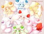  :d :q ;) alcremie alcremie_(berry_sweet) alcremie_(clover_sweet) alcremie_(flower_sweet) alcremie_(love_sweet) alcremie_(ribbon_sweet) alcremie_(star_sweet) alcremie_(strawberry_sweet) apron blue_eyes bowl closed_eyes commentary_request cream eyelashes food french_commentary fruit gen_8_pokemon green_eyes heart highres holding holding_bowl holding_whisk milcery no_humans okoge_(simokaji) one_eye_closed open_mouth outline pokemon pokemon_(creature) red_eyes signature smile sparkle strawberry tongue tongue_out 
