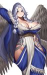  1girl angel_wings arm_up bangs blue_dress blue_eyes braid breasts cinko cleavage closed_mouth curvy dress fur_trim hand_on_hip high_ponytail highres hip_vent large_breasts long_hair original parted_bangs pelvic_curtain silver_hair twin_braids white_background wings 