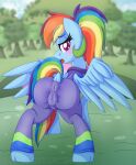  absurd_res anus_outline blue_body blue_feathers blush butt camel_toe equid equine feathers female feral friendship_is_magic hi_res looking_back mammal my_little_pony pearlyiridescence pegasus rainbow_dash_(mlp) solo wings 