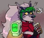  2021 ambiguous_gender angry animatronic anthro beverage black_nose breasts canid canine canis cleavage cleavage_cutout clothed clothing coffee colored_nails cute_fangs drinking duo dylandonnie ear_piercing ears_up eyelashes eyeliner eyewear eyewear_on_head fangs female five_nights_at_freddy&#039;s five_nights_at_freddy&#039;s:_security_breach glasses glowing glowing_eyes green_hair green_highlights green_nails hair highlights_(coloring) inner_ear_fluff lipstick long_hair machine makeup mammal mascara nails piercing purple_hair purple_lipstick red_clothing red_topwear robot roxanne_wolf_(fnaf) straw sunglasses sunglasses_on_head surprise surprised_expression temperature topwear tuft video_games white_hair wolf yellow_eyes 