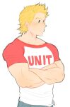  1boy alternate_costume artist_request blonde_hair blue_eyes blush boku_no_hero_academia casual check_artist crossed_arms denim highres jeans looking_to_the_side lovemiriotogata male_focus pants pectorals shirt short_hair sideburns solo spiked_hair togata_mirio toned toned_male white_shirt 