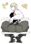  1boy alternate_costume ass bara bare_shoulders black_tank_top blonde_hair boku_no_hero_academia casual from_behind full_body large_pectorals looking_at_viewer looking_back male_focus muscular muscular_(boku_no_hero_academia) muscular_male muted_color on_bench pectorals scar scar_across_eye short_hair sidepec sitting solo tank_top thick_thighs thighs translation_request yazakc 