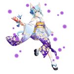  1girl animal_ears bag blue_eyes blue_hair blue_ribbon cat_ears cat_tail closed_mouth floral_print full_body gradient_kimono hair_between_eyes highres holding japanese_clothes kimono leg_up long_sleeves looking_at_viewer obi official_art print_kimono ribbon sash shiny shiny_hair short_hair_with_long_locks sidelocks sinon sinon_(sao-alo) solo sword_art_online tabi tail transparent_background white_legwear wide_sleeves yukata 