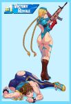  2girls absurdres armband ass assault_rifle back_cutout battle_rifle blonde_hair blood blood_splatter blue_background blue_eyes blue_leotard boots braid breasts brown_footwear brown_hair cammy_white chun-li cirenk clenched_hands clothing_cutout commission defeat double_bun fingerless_gloves fn_scar fortnite full_body gloves gun hair_ribbon highres holding holding_gun holding_weapon knee_boots kneepits leotard long_braid long_hair lying medium_breasts multiple_girls on_ground one_eye_closed red_gloves ribbed_leotard ribbon rifle salute shoes shoulder_pads sleeveless sneakers standing street_fighter street_fighter_zero_(series) striped studded_bracelet thong_leotard toned torn_clothes trigger_discipline twin_braids unitard vertical_stripes very_long_hair weapon yellow_footwear 