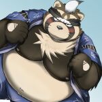  1:1 2021 anthro blush bottomwear brown_body brown_fur canid canine clothing fur hi_res kemono live-a-hero male mammal mohumohudansi moobs nipples overweight overweight_anthro overweight_male pants raccoon_dog shoen solo tanuki video_games 