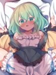  1girl bare_shoulders bloomers blouse blue_ribbon blush cameltoe commentary_request d: dorowa_(drawerslove) eyebrows_visible_through_hair flat_chest frills furrowed_eyebrows green_eyes green_hair green_skirt hair_between_eyes hands_up highres komeiji_koishi legs_up looking_at_viewer lying medium_hair no_hat no_headwear off_shoulder on_back on_bed open_mouth pillow ribbon shadow sheet_grab skirt solo spread_legs sweat touhou underwear upskirt yellow_blouse 