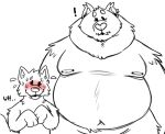  2021 anthro belly blush bodily_fluids campfire_donut canid canine canis domestic_dog duo male mammal moobs nipples overweight overweight_male simple_background sweat white_background 