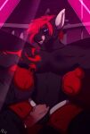  anthro black_body black_fur blue_eyes bodily_fluids bottomwear boxing_gloves bruised_eye clothing fighting_ring fur genital_fluids genitals hair handwear hi_res male mild_blood penis precum red_hair rioeg shorts solo tattoo tongue tongue_out wings xion_archaeus 