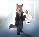  2021 absurd_res anthro barefoot bottomwear canid canine cellphone clothed clothing dipstick_ears dipstick_tail feet fox fully_clothed fur hi_res holding_cellphone holding_object holding_phone male mammal multicolored_ears multicolored_tail notched_ear pants phone pointedfox pointedfox_(character) simple_background solo tuft 