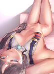  1girl arm_up armpits bangs black_hair blue_eyes blush bottomless breast_curtains breasts breasts_apart closed_mouth fate/grand_order fate_(series) groin highres kariza knees_up long_hair looking_at_viewer lying medium_breasts mixed-language_commentary navel on_back on_bed parted_bangs pom_pom_(clothes) smile solo stomach thigh_gap thighs upside-down ushiwakamaru_(fate) 