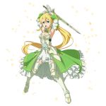  1girl armor armored_boots armpits arms_up bangs blonde_hair boots breastplate breasts cleavage detached_sleeves floating_hair full_body gloves green_eyes hair_between_eyes highres holding holding_sword holding_weapon layered_skirt leafa long_hair looking_at_viewer medium_breasts miniskirt official_art open_mouth ponytail skirt solo standing sword sword_art_online sword_art_online:_memory_defrag thigh_boots thighhighs transparent_background very_long_hair waist_cape weapon white_footwear white_gloves white_skirt 