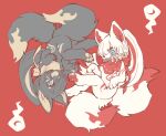  2021 anthro blue_eyes breasts butt canid canine claws duo female fox fur grey_body grey_fur hi_res kemonngo kemono mammal mostly_nude multi_tail open_mouth pawpads red_background simple_background small_breasts snout teeth under_boob white_body white_fur 