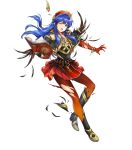  1girl alternate_costume armor bangs bare_shoulders blue_eyes blue_hair book boots bracelet elbow_gloves feather_trim fire_emblem fire_emblem:_the_binding_blade fire_emblem_heroes full_body gloves gold_trim gradient gradient_clothes hat highres holding holding_book jewelry lilina_(fire_emblem) long_hair looking_away miniskirt official_art one_eye_closed open_book open_mouth pantyhose red_gloves red_skirt shiny shiny_hair shiny_skin sidelocks skirt solo torn_clothes yamada_koutarou 