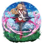  1girl aincrad asuna_(sao) bangs blue_sky boots brown_eyes closed_mouth cloud collarbone faux_figurine floating_hair floating_island full_body grass grey_legwear highres holding holding_sword holding_weapon light_brown_hair long_hair long_sleeves looking_at_viewer miniskirt official_art pantyhose pleated_skirt red_footwear red_skirt shiny shiny_hair shirt skirt sky smile solo standing sword sword_art_online sword_art_online:_memory_defrag transparent_background very_long_hair weapon white_shirt 