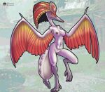  aknosom anthro avian bird brown_nipples capcom female fours_(artist) fur gruiform head_crest hi_res looking_at_viewer monster_hunter monster_hunter_rise nipples on_one_leg solo spread_wings standing talons video_games white_body white_fur winged_arms wings yellow_eyes 