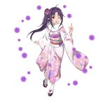  1girl ;d ahoge floating_hair floral_print full_body hair_intakes hair_ornament highres index_finger_raised japanese_clothes kimono long_hair long_sleeves official_art one_eye_closed open_mouth pointy_ears print_kimono purple_hair red_eyes shiny shiny_hair side_ponytail smile solo standing sword_art_online sword_art_online:_memory_defrag tabi transparent_background very_long_hair white_kimono white_legwear wide_sleeves yukata yuuki_(sao) 